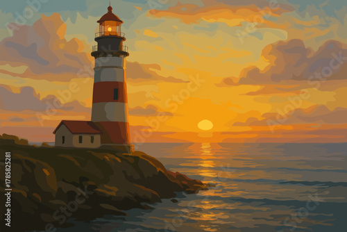 A tall striped lighthouse perched on a rocky cliff overlooking the ocean at sunset, casting a warm glow across the calm waves and colorful sky.