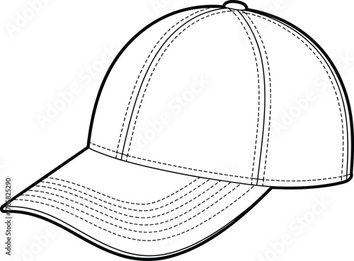 Black and white line drawing of baseball cap with stitched panels, curved brim, detailed fashion illustration