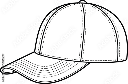Black and white line drawing of baseball cap with stitched panels, curved brim, detailed fashion accessory illustration