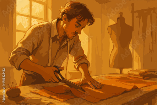 Young caucasian male tailor concentrating on cutting fabric with scissors in a warmly lit workshop, surrounded by sewing tools and a mannequin.