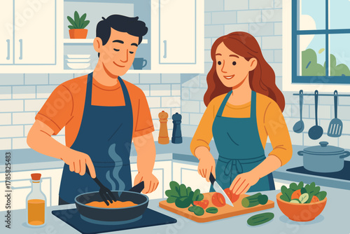 Young caucasian couple cooking together in a modern kitchen, with the male frying and the female chopping vegetables, both wearing matching aprons.