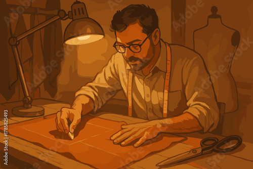 Male tailor with glasses and a beard works on a fabric piece under a desk lamp, using a chalk to mark patterns, surrounded by sewing tools.