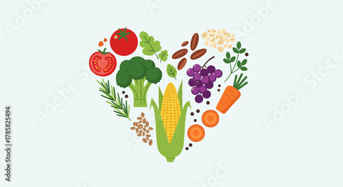 Arrangement of various vegetables and fruits, including corn, tomato, carrot, grapes, and broccoli, forming a heart shape to symbolize healthy eating.