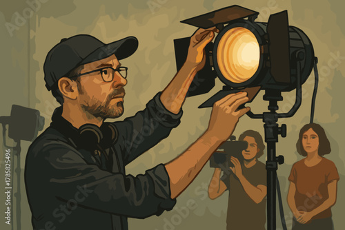 Young caucasian male adjusting a studio light with two young adults, male and female, in the background, holding a camera and observing the setup.