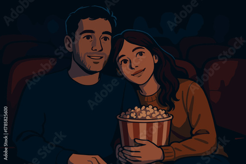 A young caucasian couple enjoys a movie together, sharing a tub of popcorn in a dimly lit theater, embracing each other comfortably.