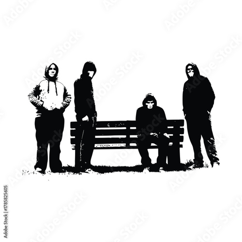 black and white illustration of a rough-looking masked man wearing a hoodie on a park bench vector style