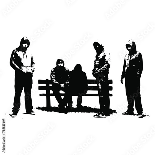 black and white illustration of a rough-looking masked man wearing a hoodie on a park bench vector style