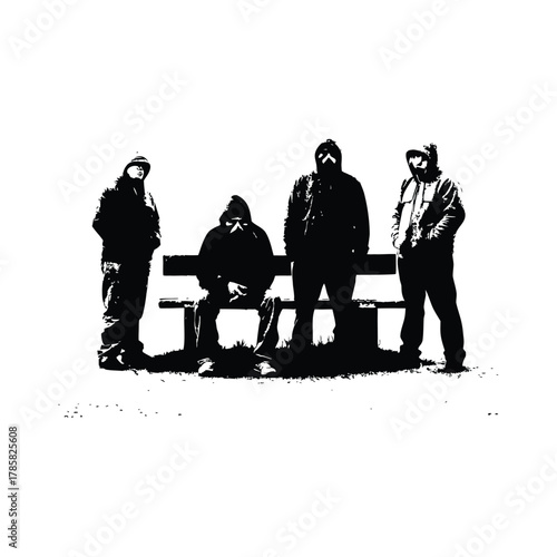 black and white illustration of a rough-looking masked man wearing a hoodie on a park bench vector style