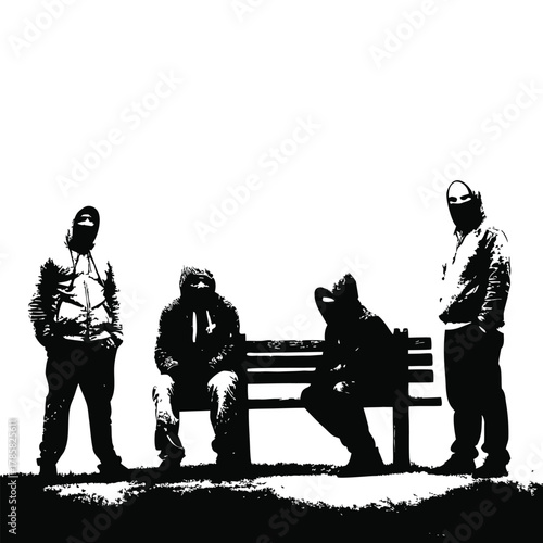 black and white illustration of a rough-looking masked man wearing a hoodie on a park bench vector style
