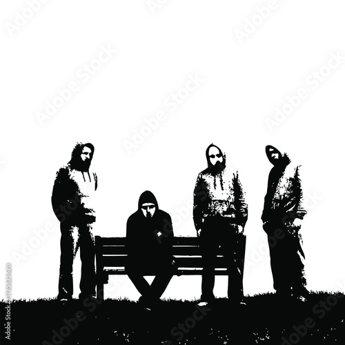 black and white illustration of a rough-looking masked man wearing a hoodie on a park bench vector style