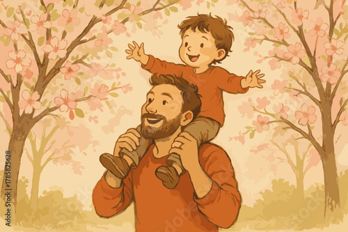 Happy caucasian father holding son on shoulders amidst cherry blossom trees in a whimsical outdoor setting.