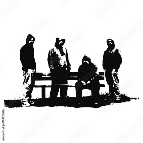black and white illustration of a rough-looking masked man wearing a hoodie on a park bench vector style