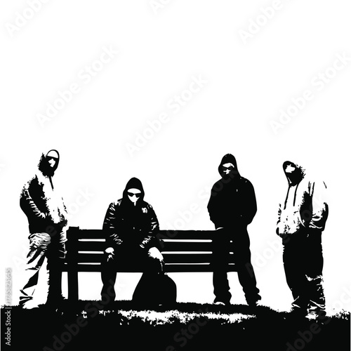 black and white illustration of a rough-looking masked man wearing a hoodie on a park bench vector style