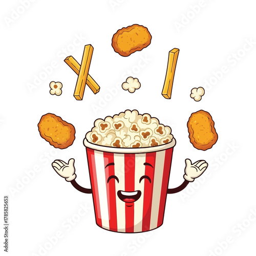 A cheerful popcorn bucket juggles fries and chicken nuggets with a happy expression