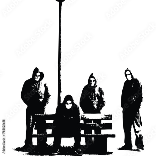 black and white illustration of a rough-looking masked man wearing a hoodie on a park bench vector style