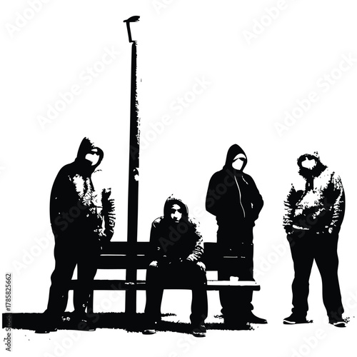 black and white illustration of a rough-looking masked man wearing a hoodie on a park bench vector style