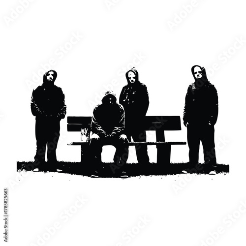 black and white illustration of a rough-looking masked man wearing a hoodie on a park bench vector style