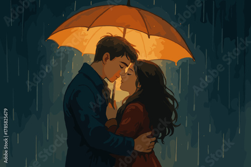 A young caucasian couple embraces tenderly under an orange umbrella during a rainstorm, with raindrops cascading around them.