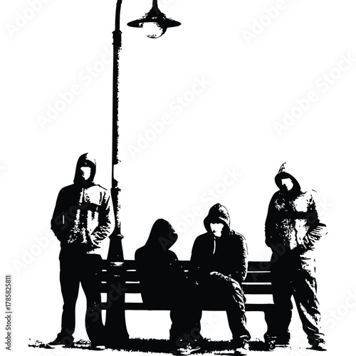 black and white illustration of a rough-looking masked man wearing a hoodie on a park bench vector style