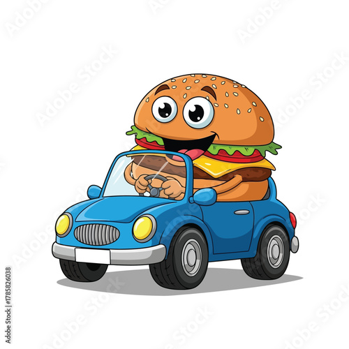 Cartoon burger driving a car funny fast food character with steering wheel, vector illustration