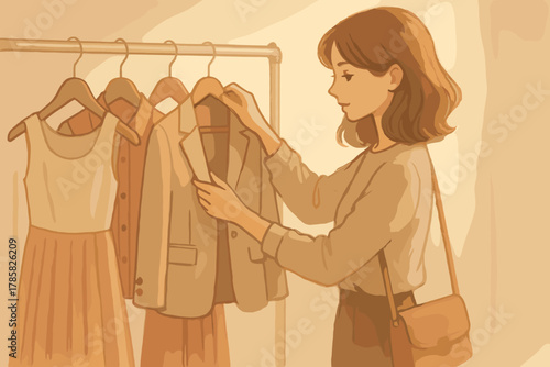 Young caucasian female browsing clothing on hangers in a store, examining a beige blazer with focus and interest.