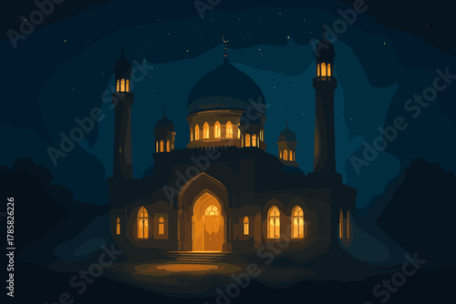 Illuminated mosque with multiple domes and minarets set against a starry night sky, featuring ornate arches and glowing windows.