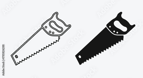 Pair of Hand Saw Icons: Outline and Silhouette Versions