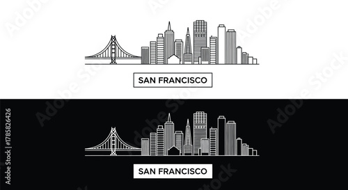 San Francisco skyline illustration in black and white.