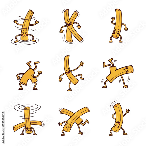 Cartoon macaroni character dancing vector illustration of pasta mascot character in various poses and expressions