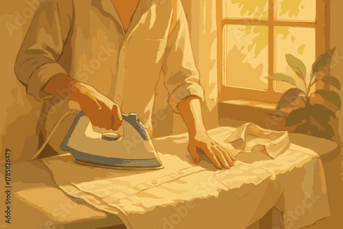 A person in a light shirt is ironing a white shirt on an ironing board near a sunlit window with potted plants.