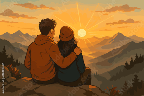 A couple sits on a rocky ledge, embracing as they watch a vibrant sunset over a mountainous landscape, surrounded by pine trees.