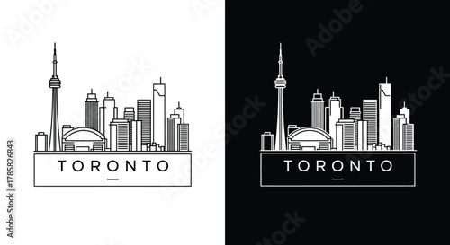 Toronto skyline illustration featuring the CN Tower, buildings, and a stadium, in black and white.