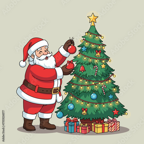 Santa Claus happily decorating a Christmas tree with ornaments and gifts underneath.