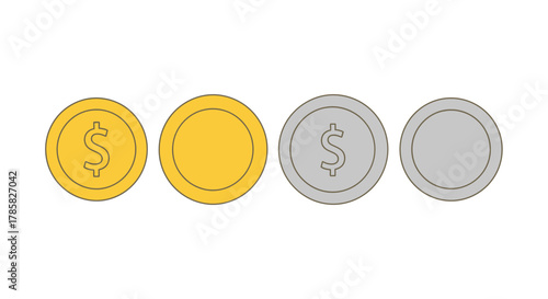 Vector illustration of gold and silver dollar coins showing the front and back sides on a white background.