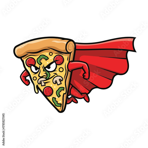 A slice of pizza superhero with a determined expression, cape flowing behind, a fun and powerful food character concept