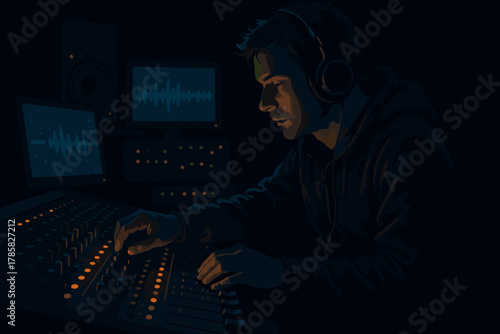 Male audio technician in headphones adjusting sound levels on a mixing console in a dimly lit recording studio.