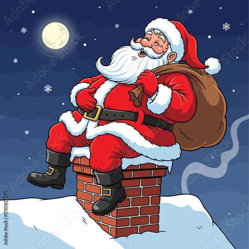 Santa Claus sitting on a chimney with a sack of presents on his shoulder under a full moon.