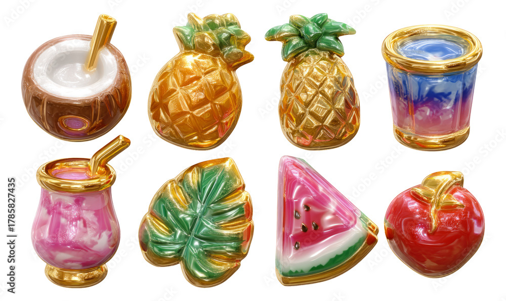 Fototapeta premium Vibrant and Colorful Ceramic Objects of Tropical Fruits and Drinks Isolated on Transparent Background