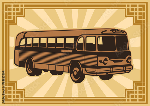 1930s - 1940s Bus. Retro Transport Poster, Art Deco Frame, Classic Autobus. Old Color Palette