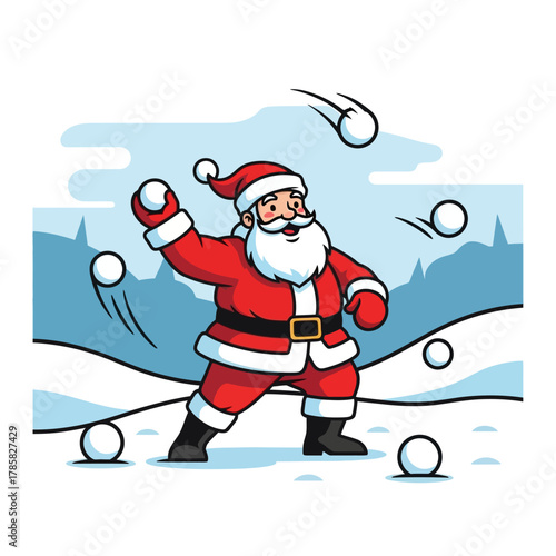 Cartoon Santa Claus in his red suit having a fun snowball fight in a snowy winter landscape.