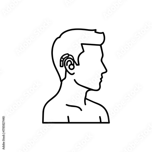 Illustration of a person wearing a hearing aid device behind the ear for improved sound perception and communication