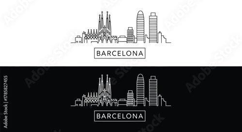 Barcelona City Skyline Minimalist Line Art on White and Black Background