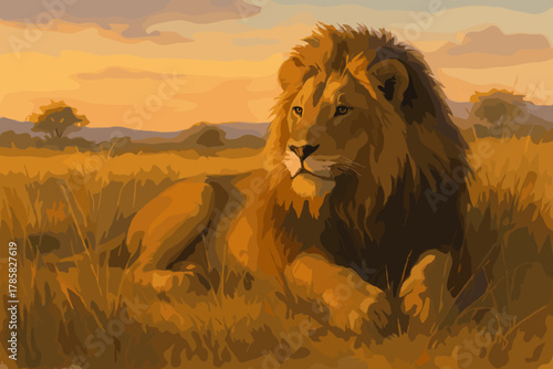 Majestic lion resting on a grassy savannah at sunset, showcasing its regal mane and serene expression in a natural habitat.