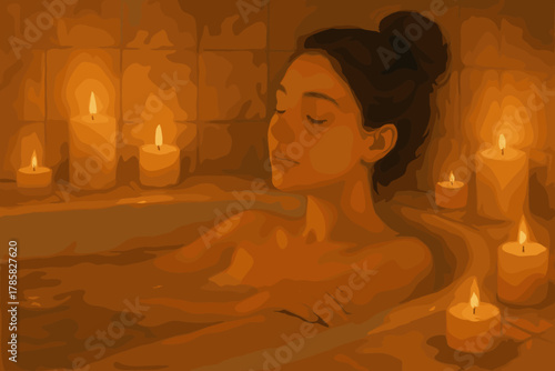 Young caucasian female relaxing in a candlelit bathtub, surrounded by warm light and soothing ambiance.