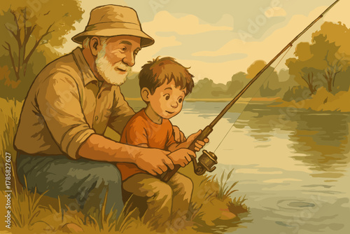 Elderly caucasian man and young caucasian boy fishing together, sitting by a tranquil riverside with fishing rods in a serene outdoor setting.