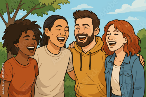 Four diverse young adults, two males and two females, are joyfully laughing together in an outdoor setting, showcasing friendship and happiness.