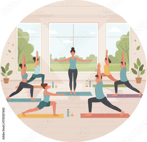 Diverse Group Practicing Yoga in Studio: Wellness, Fitness, and Mindful Exercise Class