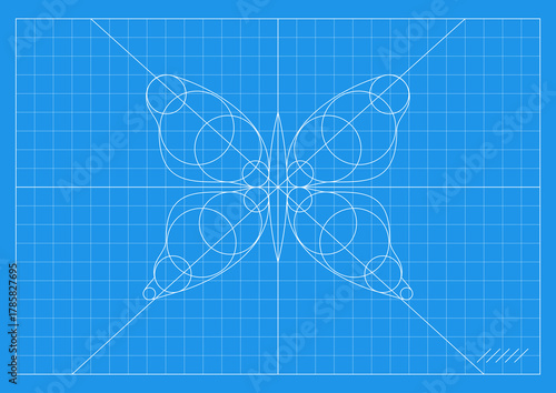 Abstract Butterfly Design on Graph Paper Technical Drawing Style Composition with Circles Geometric Layout Minimalist and Precise Lines Flat Vector Illustration Creative Shape Outline