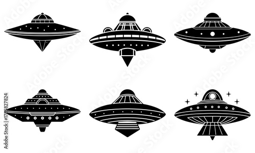 Mysterious UFO fleet in black silhouette, a classic science fiction theme with retro aesthetic, perfect for tech, gaming, and sci-fi projects