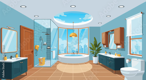 A beautifully designed modern bathroom with a luxurious soaking tub, walk-in shower, dual vanities, and a stunning city view through a large circular window